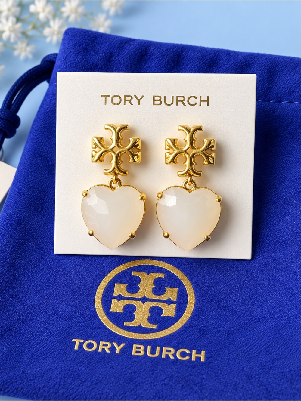 Tory Burch Gold-Tone Logo Drop Earrings with Cream Heart Stones